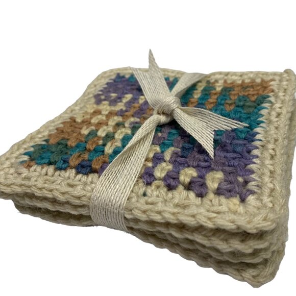Mug Rugs Coasters Handmade Crochet Square Beige Tan Teal Vinyl Back Set of 4 - Picture 10 of 11